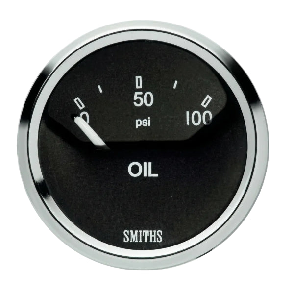 Smiths Cobra 52 mm electronic oil pressure gauge, 0–100 PSI, with black dial, white lettering and chrome Full-V bezel