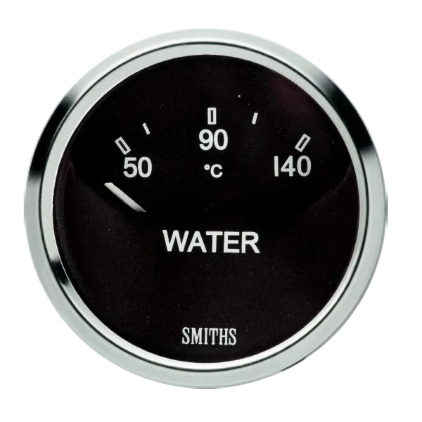 Jauge électronique de température d’eau Smiths Cobra 52 mm avec cadran noir, lunette chromée et échelle de 50 à 140 °C.