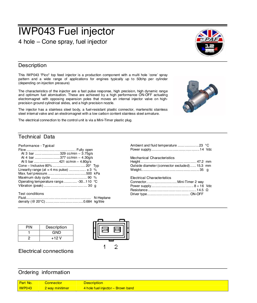 Injecteur Weber / Magneti Marelli IWP043 330cc/m