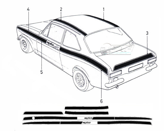 Kit Autocollants Bandes Laterales Ford Escort MK1 Mexico
